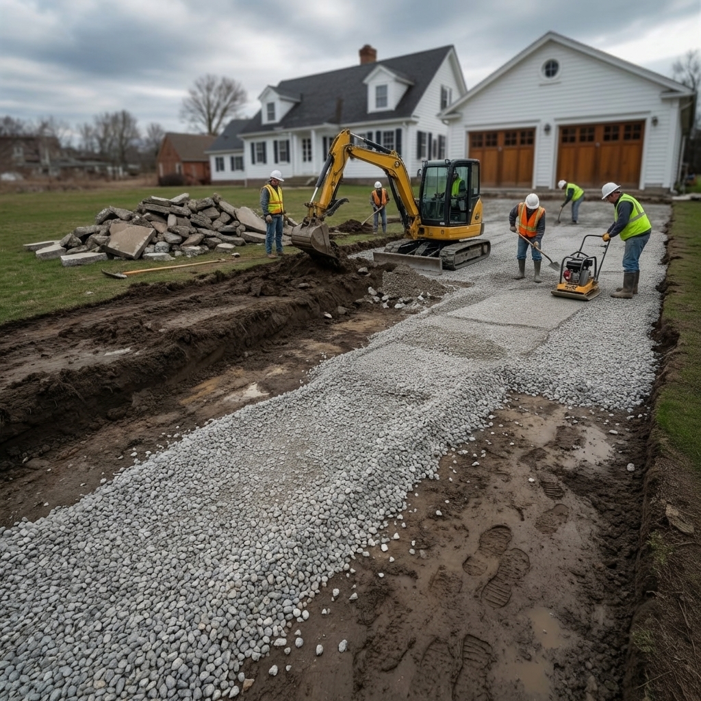 Crew excavating and preparing gravel base for new concrete driveway.